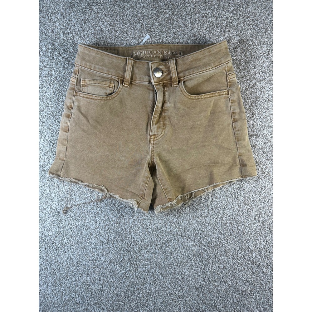 American Eagle Hi-Rise Shortie Tan Khaki Denim Shorts Super Super Stretch Size 2